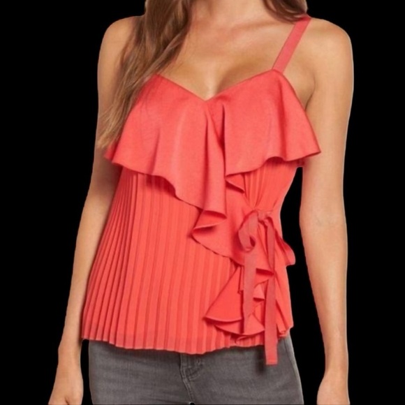 Chelsea 28 Slinky Ruffle Blouse Small Red Hibiscus w/ Accordion Style Cami Small - Picture 1 of 16